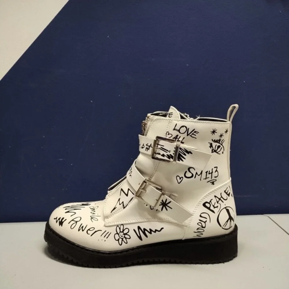Steve Madden Wordup Ankle Boots Girls Sz 5 White Black Allover Design 128692 EUC